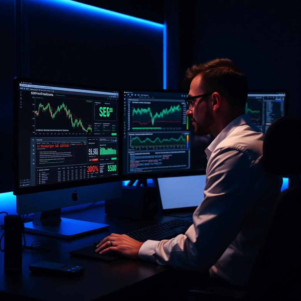SEO expert analyzing technical website data and keyword rankings on dual monitors