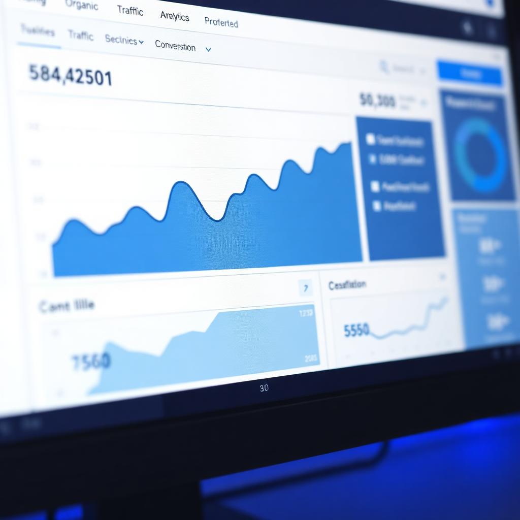 Close up of an SEO dashboard showing rising organic traffic and lead conversions