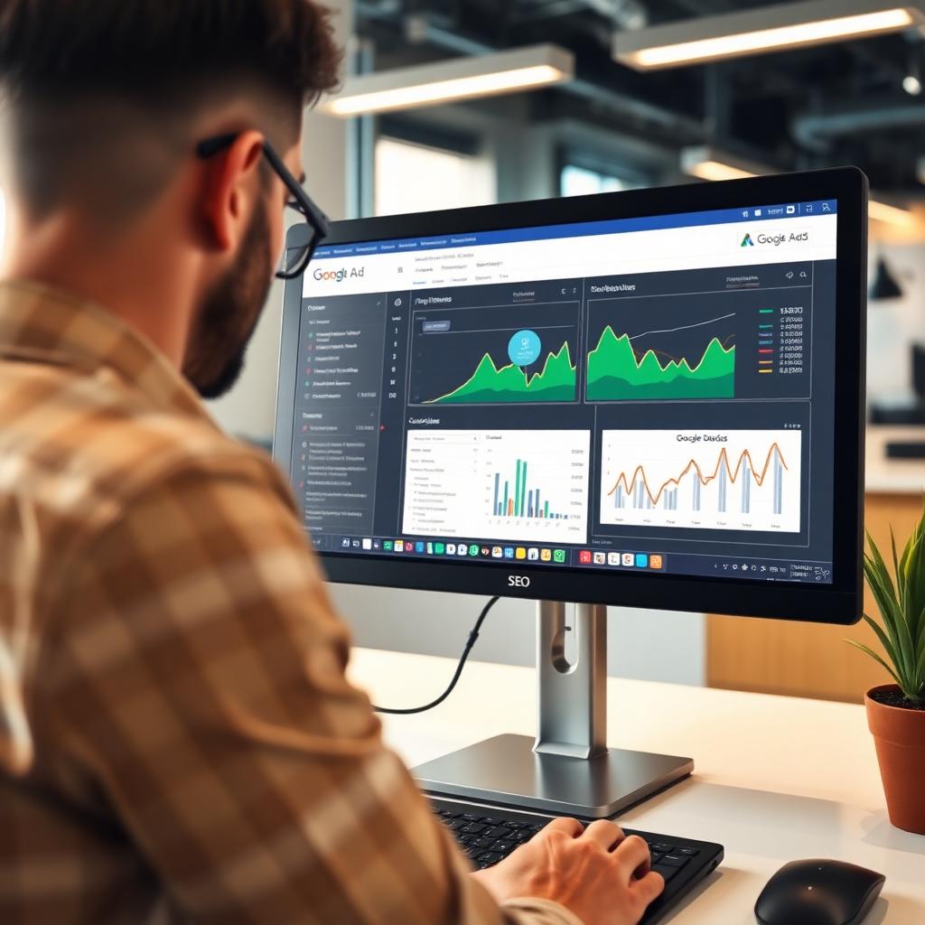 Digital marketer analyzing SEO and Google Ads campaign dashboards on a desktop monitor
