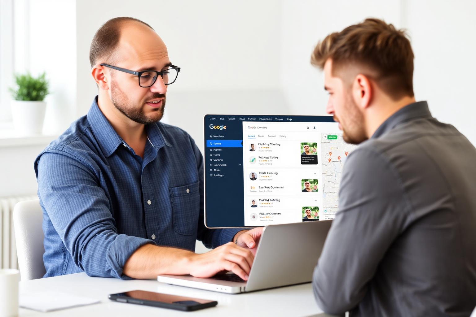 SEO expert reviewing a Google Business Profile Trust Scorecard for a local plumbing company