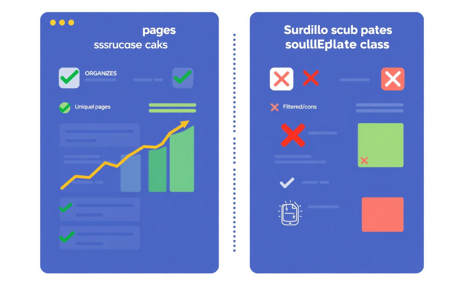 Infographic comparing a clean unique local site structure against a messy duplicate-page structure filtered by Google