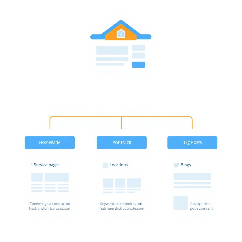 Visual infographic showing the correct hierarchy of a contractor website, mapping keywords from the Homepage down to core service and location pages.