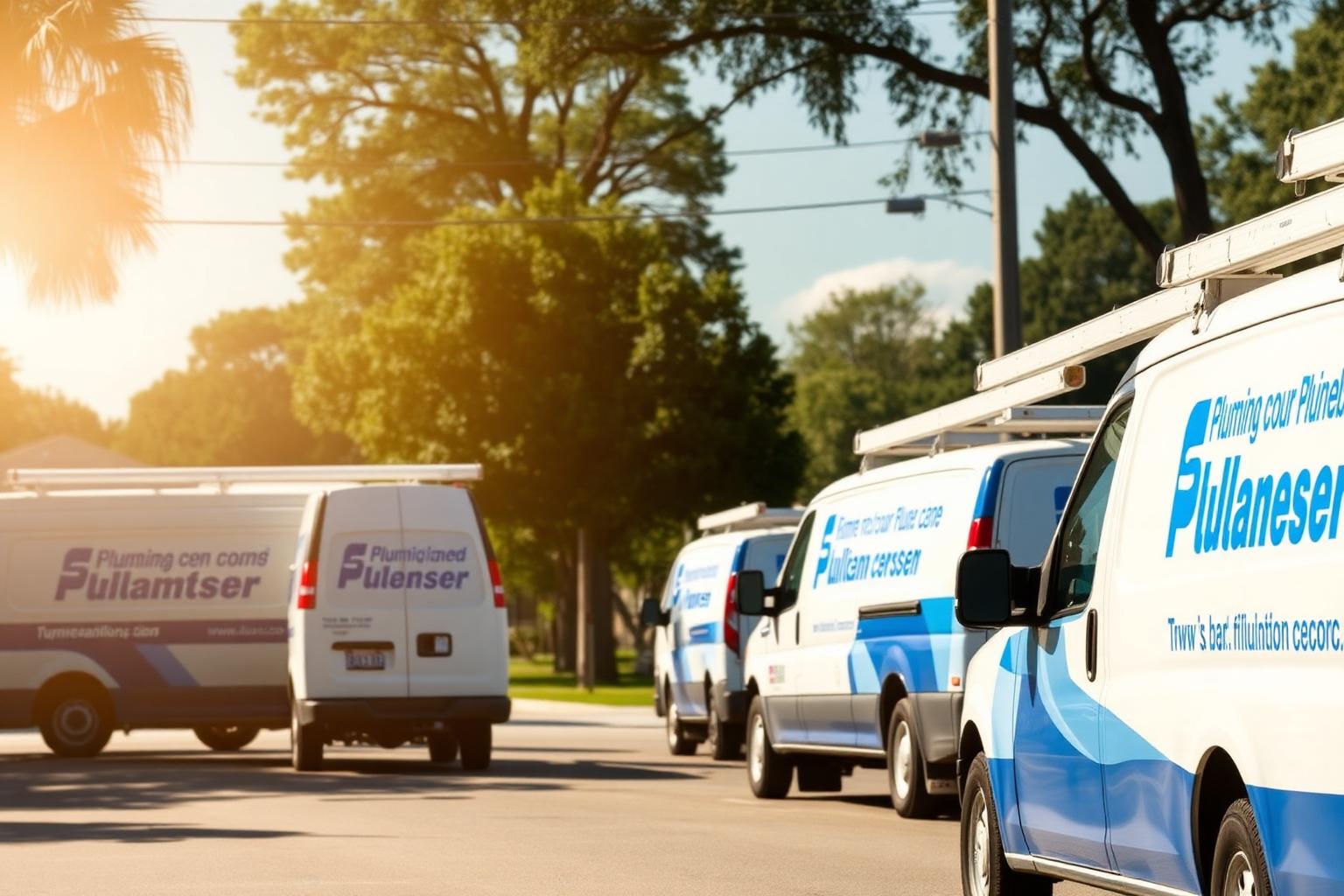 Line of branded plumbing service vehicles parked in a Louisiana neighborhood, symbolizing dominant local search presence